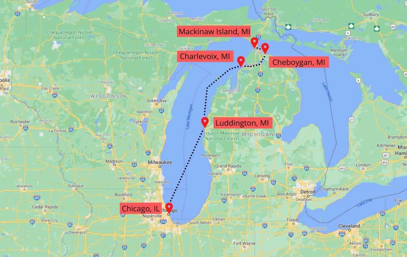 Map showing a route between Chicago, IL and Mackinaw Island, MI, with stops in Ludington, MI, Cheboygan, MI, and Charlevoix, MI. The route is indicated with a dotted line and markers highlight each location. Surrounding states and topography are visible.