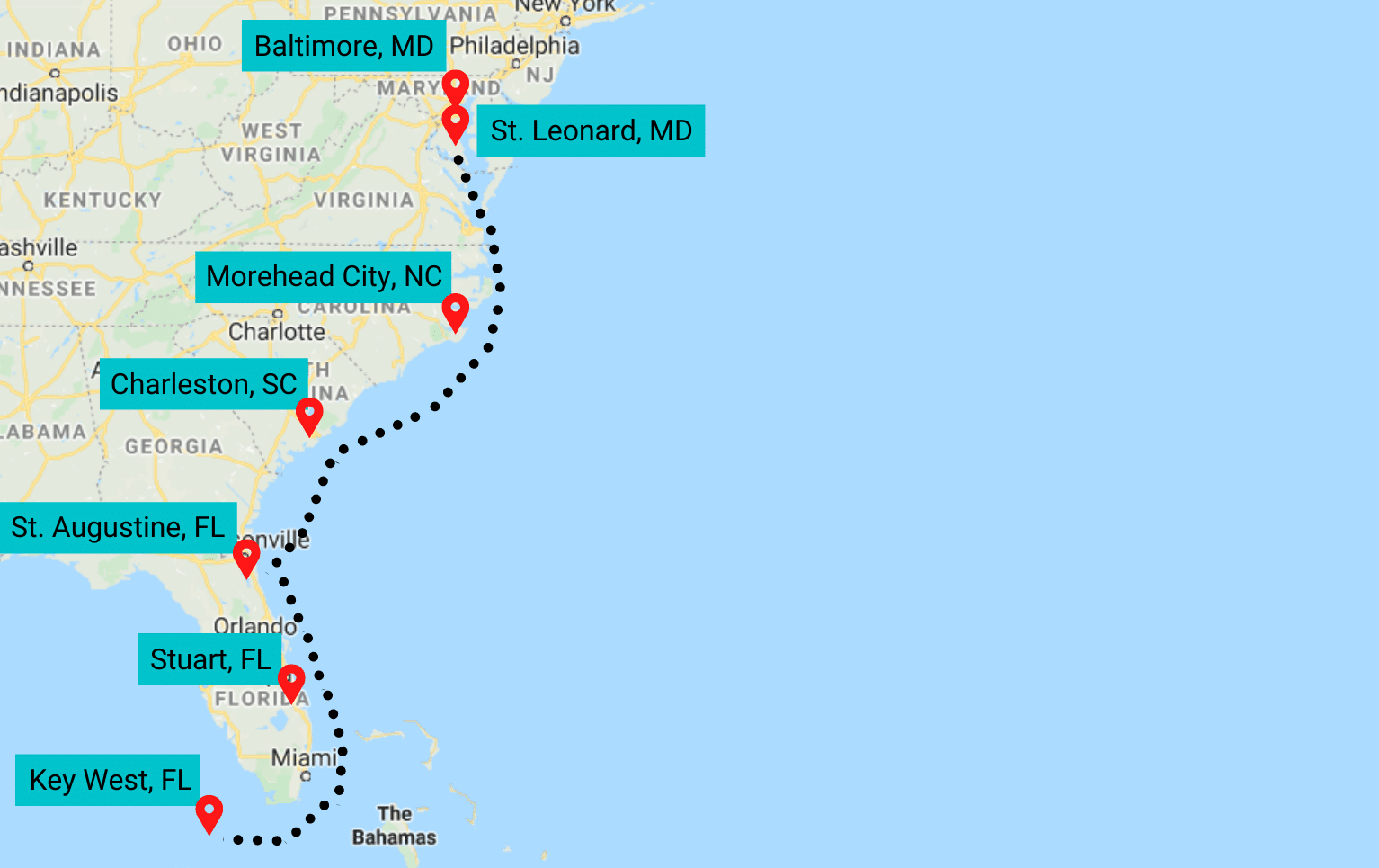 A map showing the eastern coastline of the United States with a dotted line marking a route. Key West, FL; Stuart, FL; St. Augustine, FL; Charleston, SC; Morehead City, NC; St. Leonard, MD; and Baltimore, MD are highlighted with red markers along the route.