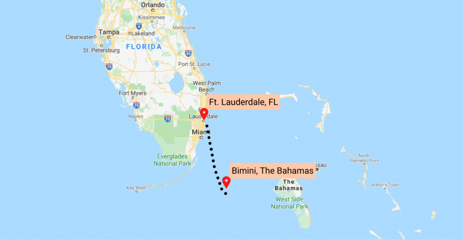 A map showing a portion of southern Florida and part of the Bahamas. A dotted line indicates a route from Ft. Lauderdale, FL to Bimini, The Bahamas. Major cities like Orlando, Tampa, and Key West are also visible.