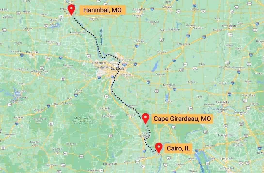 A map showing a route from Hannibal, MO, through St. Louis, MO, to Cape Girardeau, MO, and ending in Cairo, IL. The cities are marked with red dots and named labels, connected by a dotted line indicating the travel path through Missouri and Illinois.