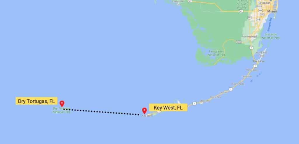 A map of southern Florida highlighting the locations of Key West and Dry Tortugas. Key West is marked with a red location pin, and a dotted line extends westward to mark the path to Dry Tortugas, which is also marked with a red location pin.