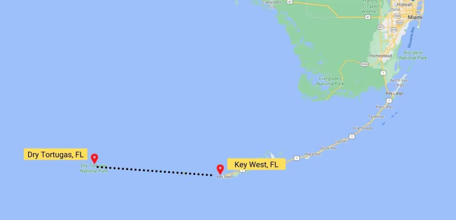 A map of southern Florida highlighting the locations of Key West and Dry Tortugas. Key West is marked with a red location pin, and a dotted line extends westward to mark the path to Dry Tortugas, which is also marked with a red location pin.