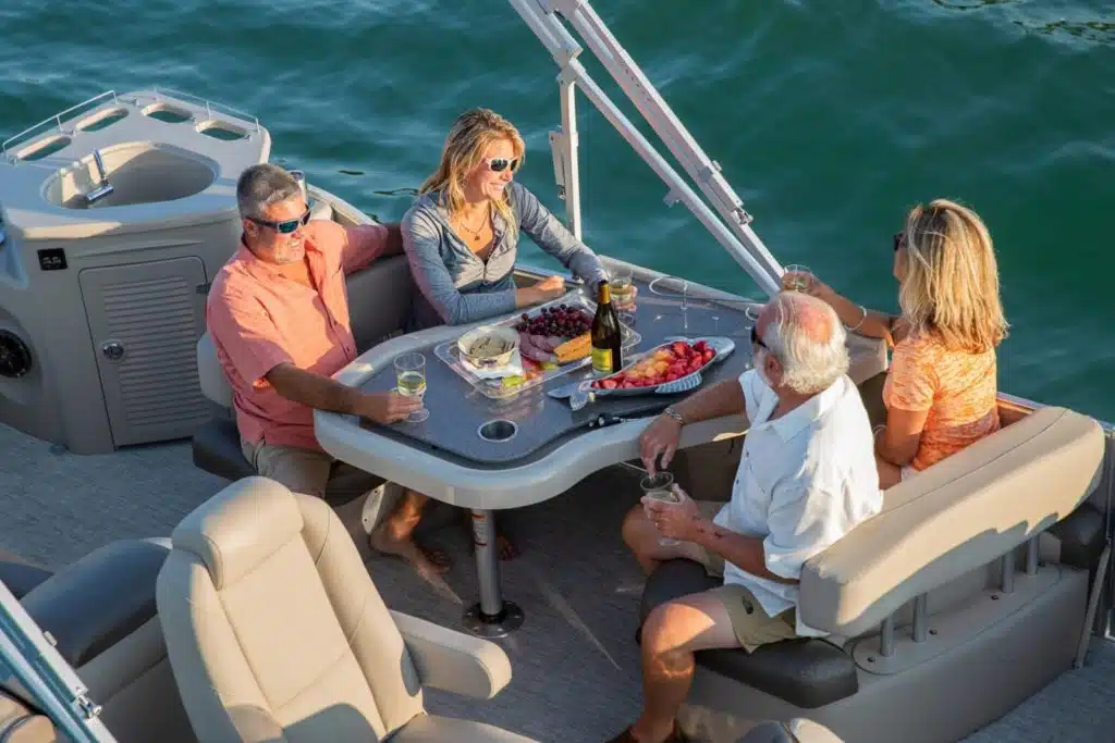 Aerial perspective of a group dining on the Avalon Catalina Entertainer while out on the water