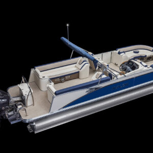 A blue and white pontoon boat is shown with an outboard Suzuki motor attached at the back. The boat has white cushioned seating, a steering console with a windshield, and a canopy frame without the canopy cloth. The boat is displayed against a black background.