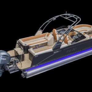 A sleek, modern pontoon boat with a Yamaha outboard motor. The boat features a spacious deck with beige seating, a control console, and a stylish arch overhead. The hull is black with LED lighting along the sides, and the boat is set against a black background.