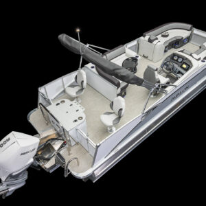 An overhead view of a sleek pontoon boat with a Mercury outboard motor, several cushioned seats, a steering console with various controls, and a black canopy. The boat has a light-colored deck and appears ready for leisure activities on the water.