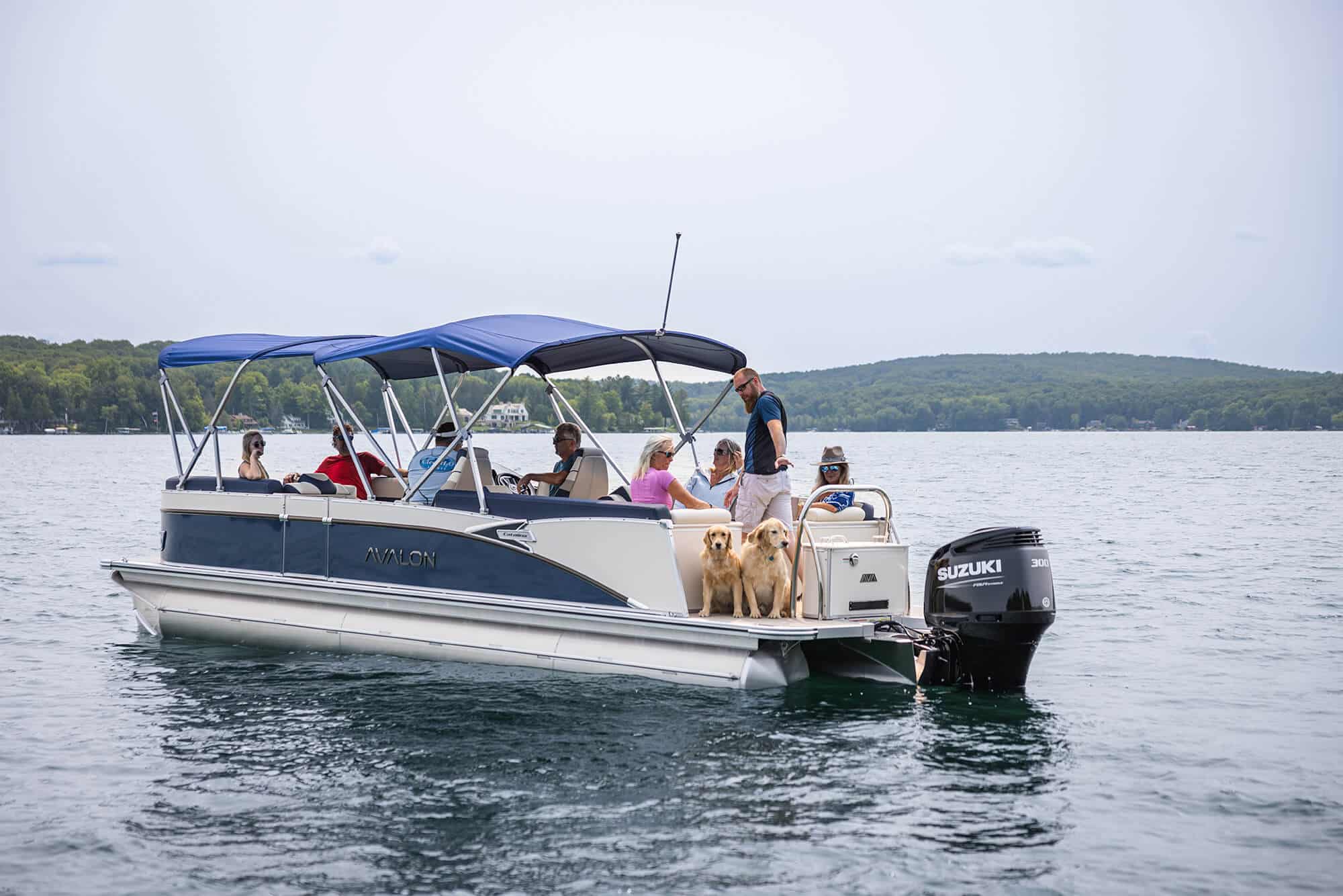 A pontoon boat with blue canopies and a Suzuki motor floats on a lake. Several people and two golden retriever dogs are on the boat. The background features a forested shoreline and an overcast sky.