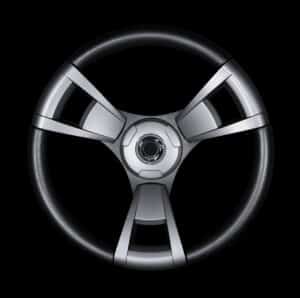 A black and silver car steering wheel.