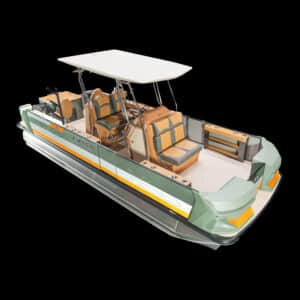 Image of a modern Avalon Geofish open-top pontoon boat on a black background. The boat boasts a sleek design with gray and orange accents, cushioned seating, and a white canopy roof. Its interior features a helm with controls and comfortable seating areas, perfect for leisurely aquatic adventures.