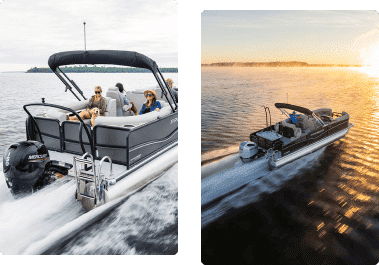 Two images of a speedboat with passengers on a calm body of water. The left image shows a close-up view from behind, featuring several people seated on the boat. The right image captures the vessel gliding at high speed towards the sunset, creating a wake that rivals any pontoon boat's serene journey.