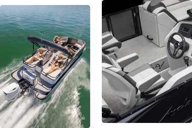 The image is split in two: the left side shows an overhead view of a pontoon boat speeding on water, with passengers lounging on deck chairs. The right side displays the boat's interior, focusing on its steering wheel, control panel, and cushioned seating.