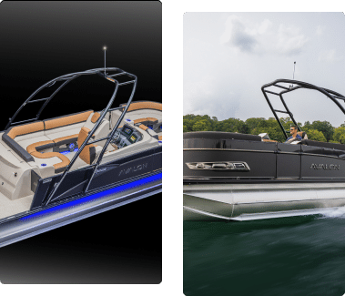 Two images of a stylish, modern pontoon boat. The left image shows an interior view with tan seats, a control panel, and blue LED lighting. The right image captures the pontoon boat cruising on the water with a person at the helm against a backdrop of green foliage.