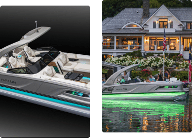 Left image: A luxury pontoon boat with sleek design and illuminated accents on a black background. Right image: The same boat, now lit up with green lights, floating near a well-lit, large house by the water in the evening, with people on board enjoying the view.