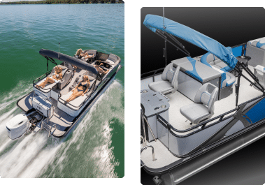 Split image: Left side shows a pontoon boat speeding over a body of water with people relaxing onboard. Right side features a close-up of another pontoon boat’s seating area with a blue canopy, showcasing its setup and amenities. Experience the best of pontoon boats from adventure to comfort.