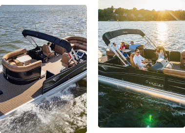 Two images of pontoon boats on a lake. The left image shows an empty, moving pontoon boat with a sleek design and brown seating. The right image features a similar pontoon boat with four people onboard, enjoying a sunny day as the boat speeds across the water.