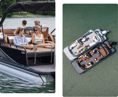 Left image: Two women seated on a pontoon boat, talking and relaxing, with other passengers in the background. Right image: Overhead view of two pontoons on the water, each carrying a small group of people.