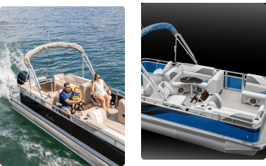 The image is split into two parts: the left part shows three people on a pontoon boat in motion with water visible in the background; the right part showcases a detailed view of an empty pontoon boat featuring blue and white seating and a partially covered top.