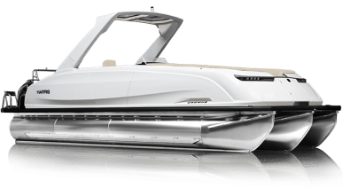 A sleek white pontoon boat floats gracefully on the water, boasting a modern design and streamlined features. Its sturdy roof structure complements the luxurious vibe, with ample seating space for comfort. The visible pontoons below hint at its impressive stability and buoyancy.