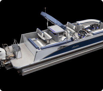 A modern pontoon boat with blue and gray upholstery is available, featuring multiple seating areas, a shaded canopy over the control console, and a powerful outboard motor at the rear. Designed for both comfort and functionality on the water, it's one of the top pontoon boats for sale.