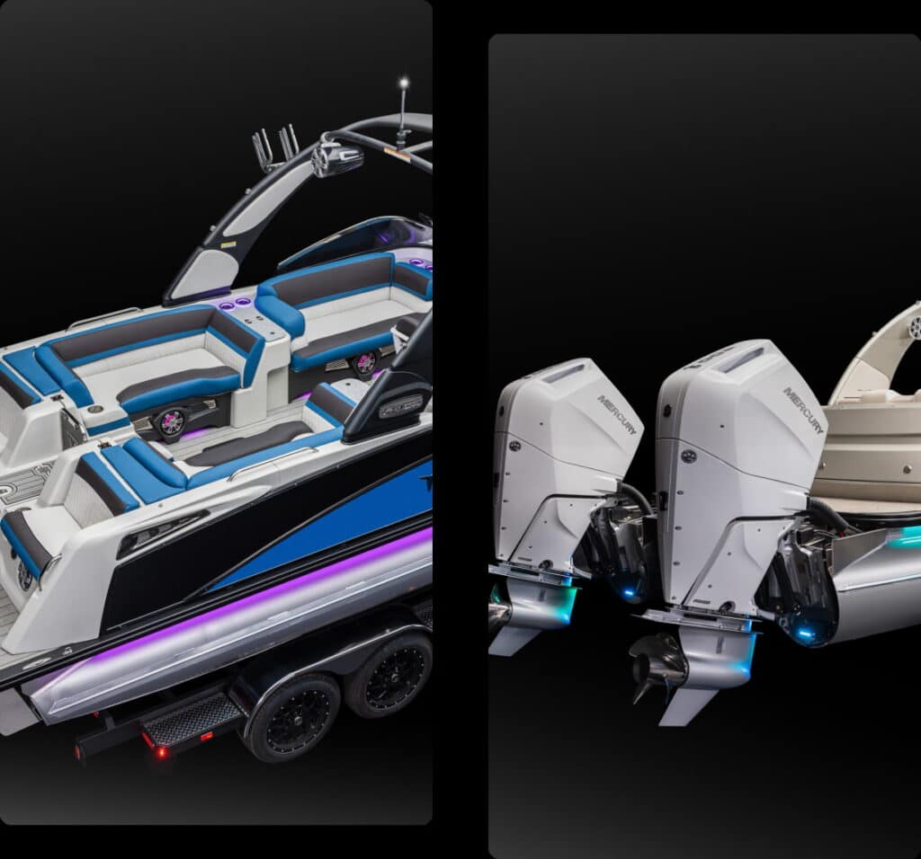 A sleek, modern speedboat with an open deck and cushioned seating in blue and white. The boat, reminiscent of new pontoon boats for sale, is equipped with multiple outboard motors by Mercury and features a double axle trailer. The background is solid black, highlighting the boat's details.