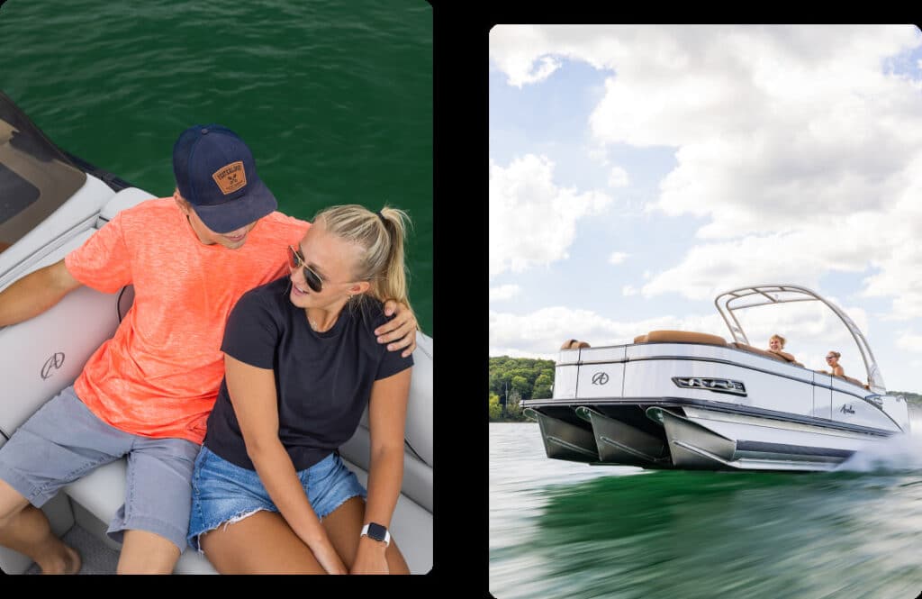 Left side: A couple enjoys time on a boat, with the man wearing a bright orange shirt and black hat, and the woman in a black shirt and denim shorts. Right side: The boat, possibly one of those used pontoon boats for sale, speeds across a lake under a blue sky with clouds.