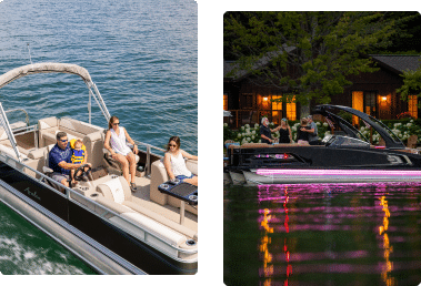 Two images of people on boats. The left shows a group on a used pontoon boat for sale in daylight: a man, a child, and two women relaxing. The right shows a group on a luxury boat at night, illuminated by purple lights, near a shoreline with buildings in the background.