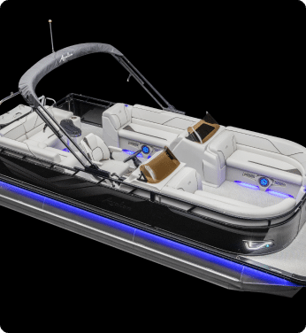 Image of a luxury pontoon boat with a sleek black exterior and white seating. The boat, listed among our pontoon boats for sale, features gray canopies, blue LED lighting along the sides, and dual consoles with windshields. The seating includes cushioned benches and a captain's chair.