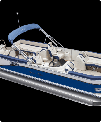 A sleek blue and white pontoon boat with cushioned seating, a blue canopy, and railings. The boat has "AVALON" written on the side and is equipped for leisure activities. The seating is arranged in multiple sections for passenger comfort, making it one of the finest pontoon boats for sale.