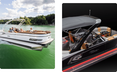 The image features two small pontoon boats. The one on the left is in motion on a greenish-blue lake with several people on board. The boat on the right is stationary, photographed in a studio setting with a black background and illuminated red lights.