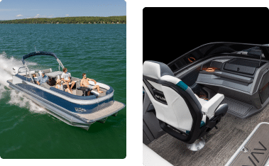 The image shows a composite of two pictures: on the left, a group of people enjoying a ride on one of the small pontoon boats in calm waters; on the right, a detailed view of the boat's cockpit, featuring a white captain's chair and modern controls.