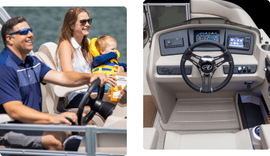 On the left, a man wearing sunglasses and a blue shirt is steering a small pontoon boat. Beside him, a woman holding a baby in a yellow life jacket is smiling. On the right, there is a close-up of the boat's control panel with a steering wheel and various instruments.