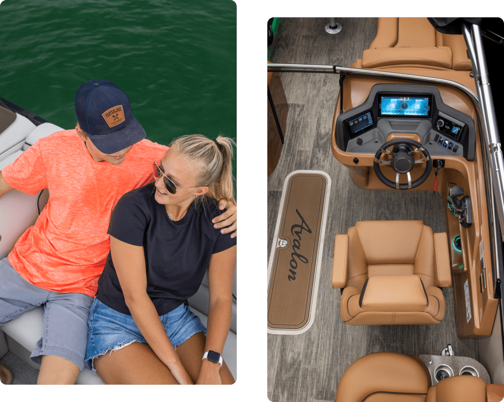 Two pictures with a couple sitting comfortably in a boat and an Avalon Boat's interior with the shades of brown