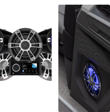 Two pictures of an Avalon Pontoons boat speakers