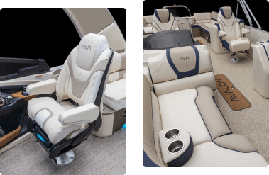 Two picture of an Avalon Pontoons seat with a combination shade of white, gray, and brown
