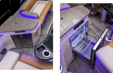 Two pictures of a boat refrigerator outer and inner structure