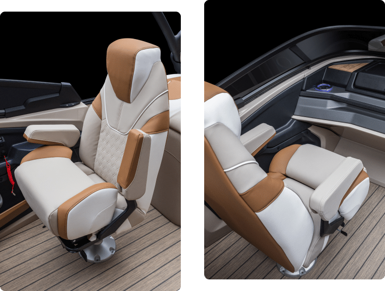 The image displays two views of a luxurious chair in a boat's cockpit, reminiscent of high-end pontoon seats. The chair has a high backrest, armrests, and features a white and brown color scheme with a quilted pattern on the seat and back. The floor has elegant wooden panels.