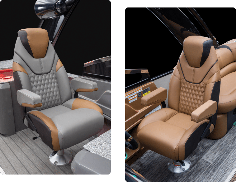 Two images of luxurious pontoon seats. The left image shows a gray and tan seat with diamond-patterned cushioning and armrests. The right image displays a tan and black seat with a similar design, also featuring diamond-patterned cushioning and armrests.