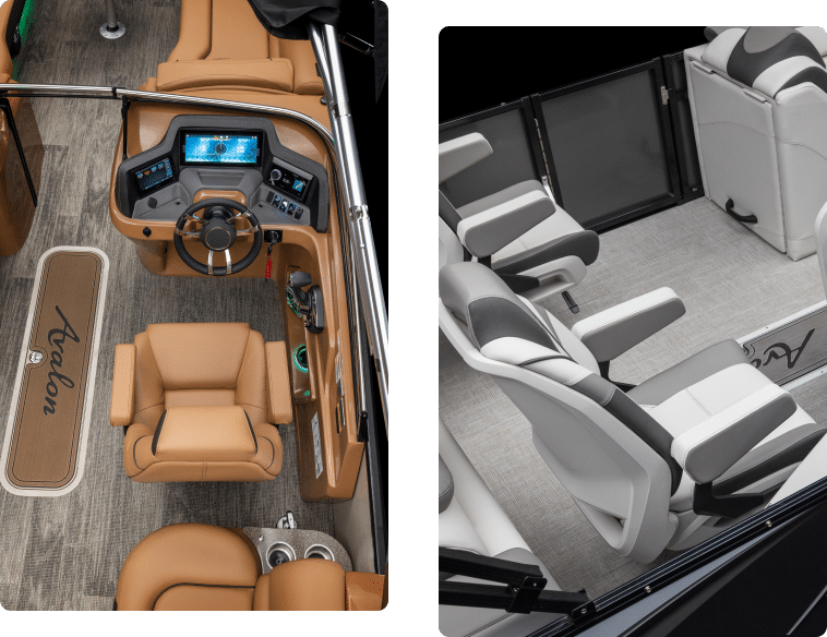 On the left is a boat's helm featuring a brown leather captain's chair, steering wheel, and a touchscreen display on wooden paneling. On the right is a seating area with white and gray trimmed pontoon seats arranged on a light gray floor.