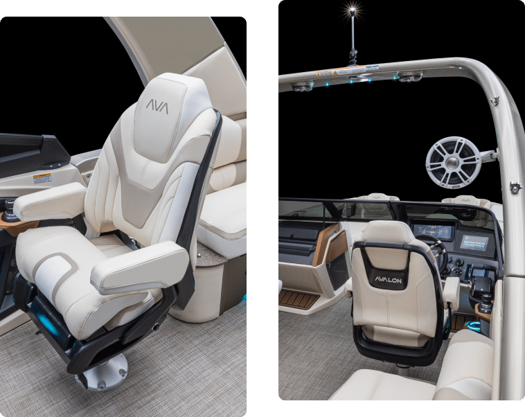 Side-by-side images of a boat's captain chair. In the left image, a close-up of the front of the cream-colored pontoon seat with "AVA" embroidered on the headrest is shown. The right image shows the back of the chair in a boat cockpit with "AVALON" embroidered on the headrest.