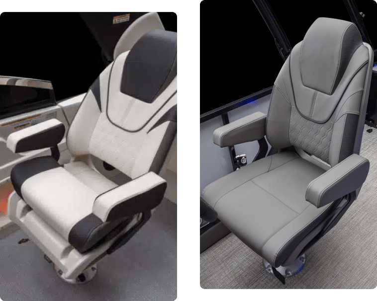 Two luxury pontoon seats are shown side by side. The left seat is white with black accents and has a modern design with ergonomic armrests. The right seat is gray with quilted details and dark accents, featuring sturdy armrests and a plush appearance.