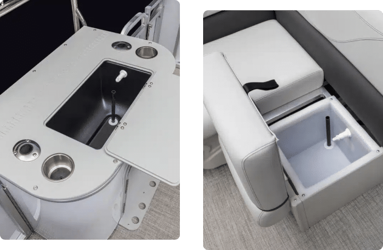 Dual-panel image showcasing sections of a fishing pontoon boat. The left panel displays a built-in sink with faucet, cup holders, and storage compartment. The right panel shows an under-seat storage space with a removable bin and handle for easy lifting. Both surfaces are light grey.