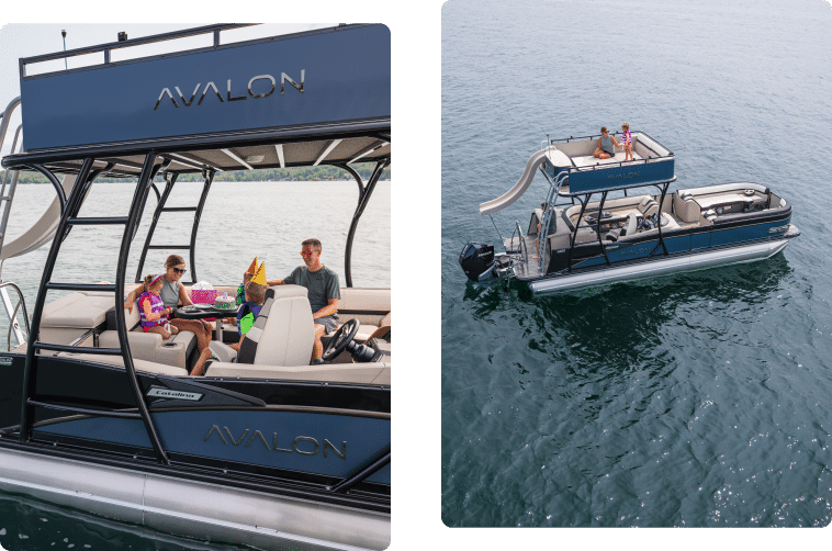 Two images of an Avalon double decker pontoon boat. The left shows a family of five celebrating with party hats and snacks on the boat’s deck. The right shows the boat's side view on water, featuring an upper deck with a slide. People are visible on both decks.