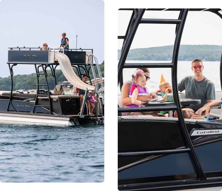 Two images of a family on a double decker pontoon boat. The left image shows a child at the top of a boat slide, another standing, and the rest of the family on the boat. The right image features a smiling family seated at a table on the boat, with water and hills in the background.
