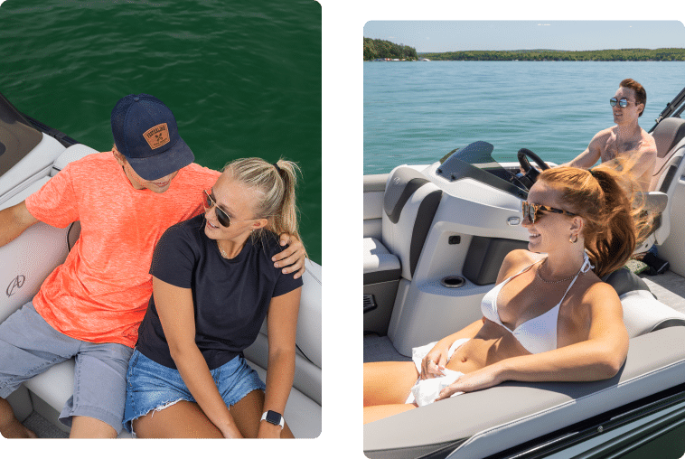 Two images side by side: The left image shows a man in an orange shirt and blue cap with his arm around a woman in a black shirt on a double decker pontoon. The right image shows a man steering the boat, with a woman in a white bikini relaxing in front of him. Both scenes feature calm, greenish-blue water.