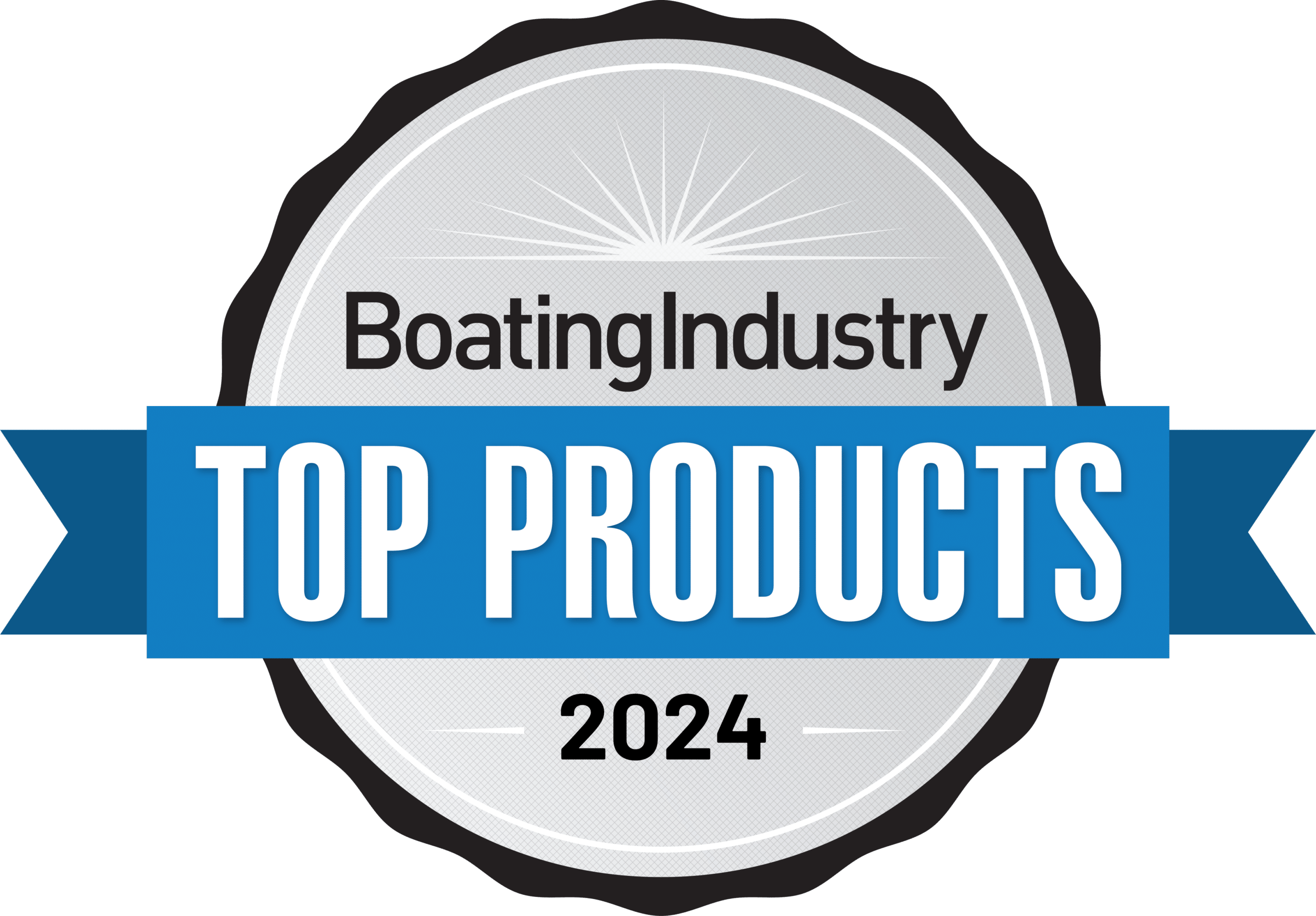The image is a badge with a gray circular background, a blue banner across the middle, and text that reads "BoatingIndustry TOP PRODUCTS 2024." The badge has a black outer border with a subtle sunburst design at the top.