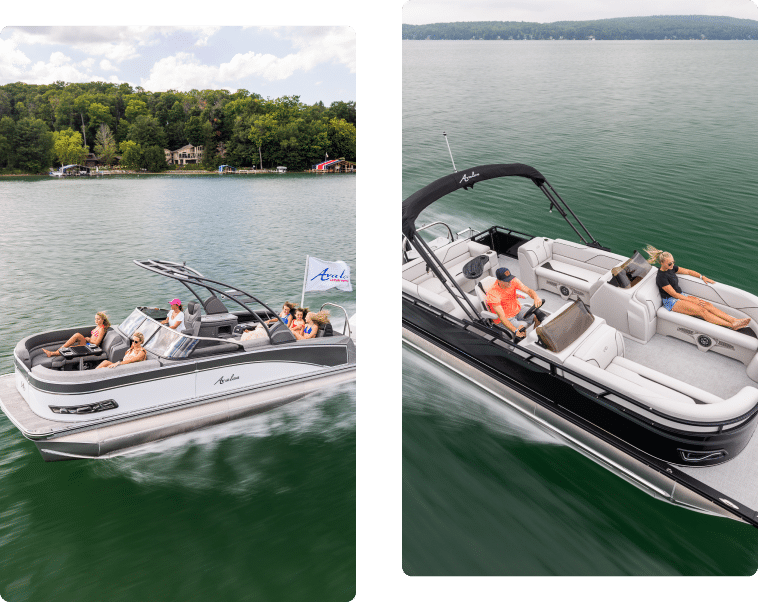 Two images of luxury pontoons for sale on a lake. The left boat has multiple passengers seated, one holding a child. The right boat has three people lounging under a black canopy. Both boats are cruising on calm, green water.