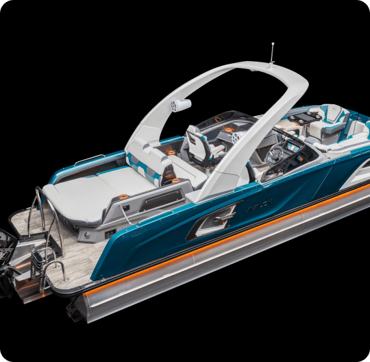 A sleek and modern boat with a white and teal color scheme. The boat features comfortable seating, advanced navigational controls, and an arch with built-in speakers. The spacious deck boasts plush upholstery, offering a luxurious and high-tech boating experience. Check out our pontoons for sale now!