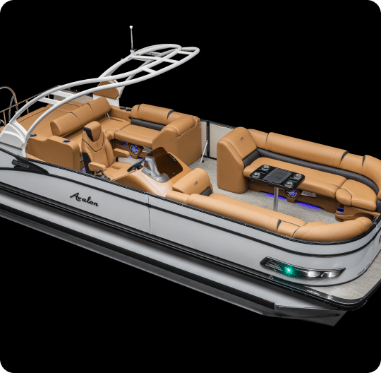 The image shows a luxury pontoon boat with white and black exterior accents. It features comfortable tan cushioned seating, a covered captain's console, and a sleek design. The boat has metallic safety railings along the perimeter and a modern, elegant aesthetic. Perfect for anyone looking for pontoons for sale.
