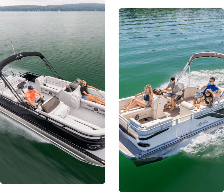 Side-by-side images show two pontoons for sale cruising on calm green water. Both boats have multiple passengers relaxing on cushioned seats. The left boat is black and the right boat is white with a light canopy. The passengers appear to be enjoying a pleasant day on the water.