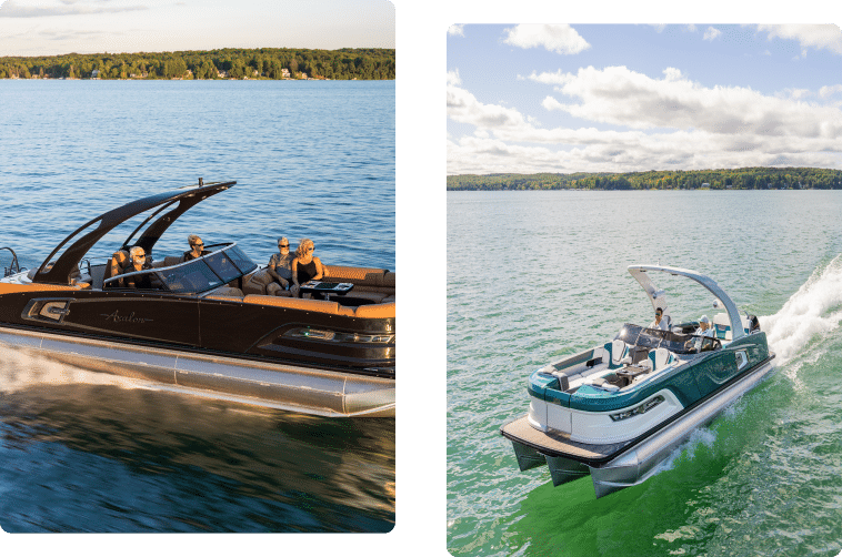 Two pontoon boats cruising on a lake. The left boat is black with a curved canopy, carrying several passengers. The right boat is white and green with an arched canopy, appearing to move at a higher speed across the water. Both are set against a wooded shoreline, perfect examples for those seeking pontoons for sale.